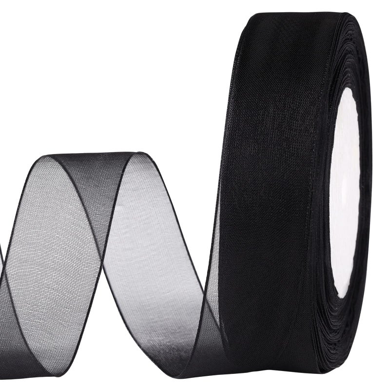 molshine 50 Yards x 1 Inch Shimmer Sheer Organza Ribbon,Chiffon Fabric Ribbons for Bouquets Garland,Bowknot,Wedding,Gift Wrapping,Hair,Crafts,Decoration (Black) - Image 1